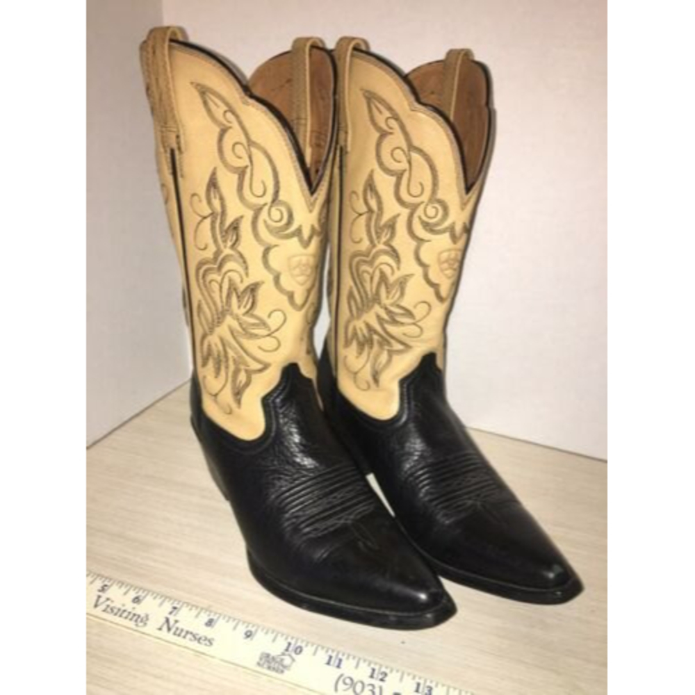 ARIAT DEERTAN BLACK & TAN LEATHER PointedTOE 11" COWGIRL BOOTS #15781 WOMEN'S 7B